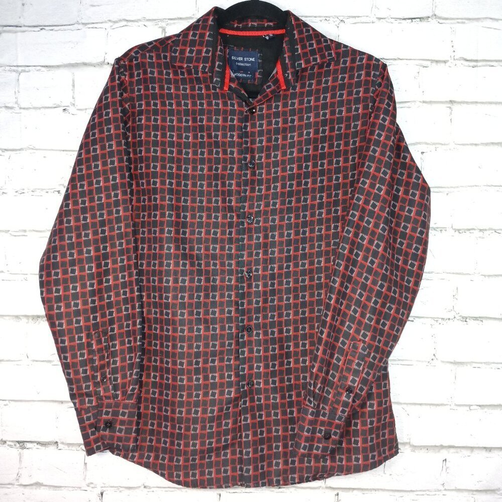 SILVER STONE COLLECTION BUTTON DOWN RED AND BLACK PLAID MENS SM, LONG SLEEVE